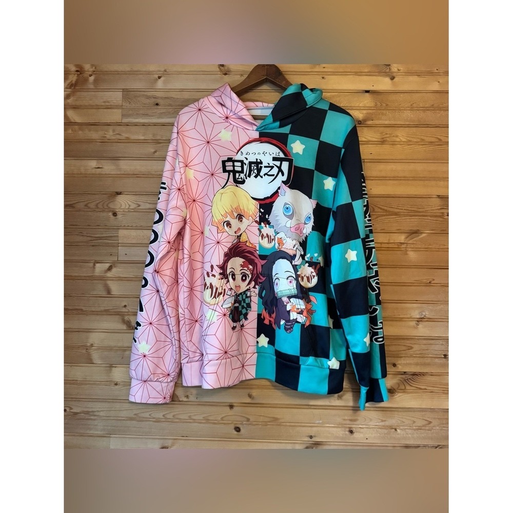 Demon Slayer Anime Hoodie TANJIRO NEZUKO Pink Turquoise Medium Japanese Text